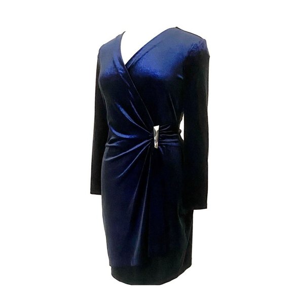 Calvin Klein Shimmery Sapphire Velvet Faux Wrap Side Gold Buckle Dress - Picture 2 of 9